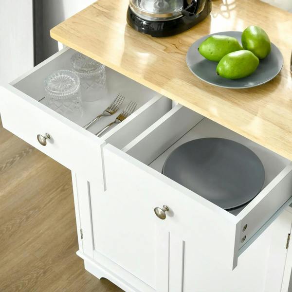 White cabinet with open compartments and drawers, light wood tabletop above