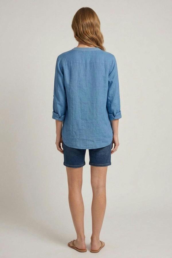 Blue | Sequin Trim 3/4 Sleeve Relaxed Shirt