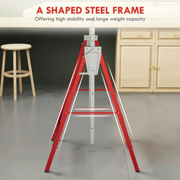 Red steel sawhorse with gray support frame and locking plate hardware for stable carpentry