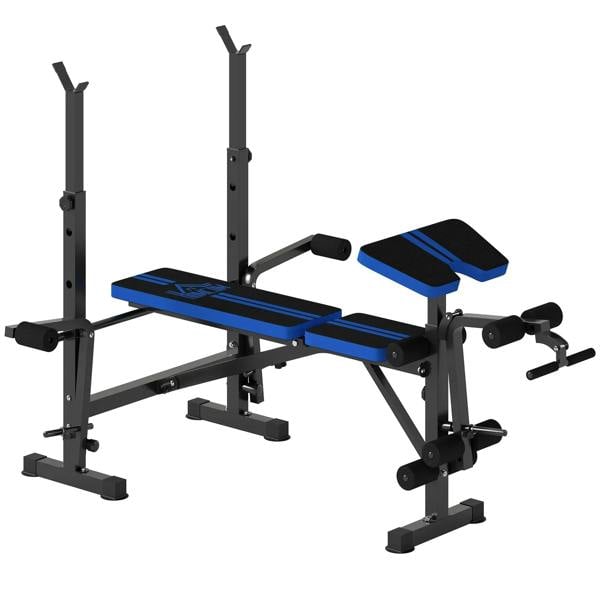 Blue adjustable weight bench with leg extension and barbell rack, padded seat and back