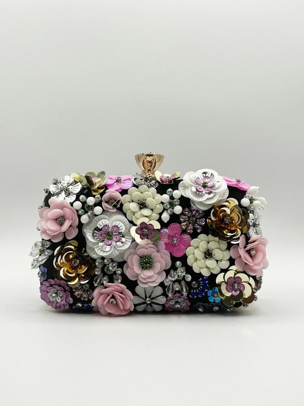 SVNX Black Floral Applique Clutch Bag