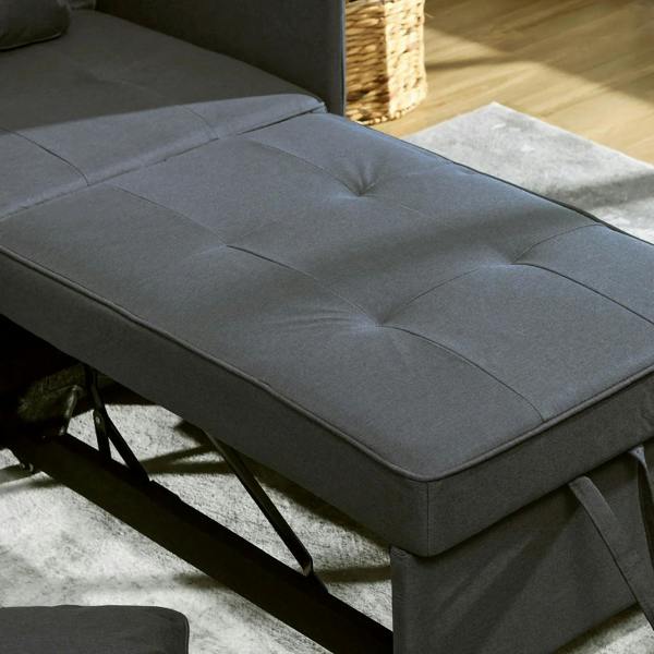 Grey sofa bed seat cushion with fold-out support frame underneath