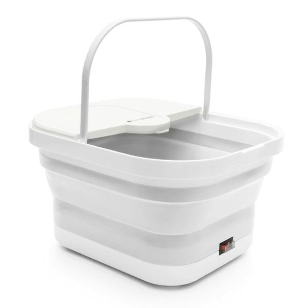 Side view of the Foldaway Foot Spa Bath in its expanded form, featuring a handle for portability. This foot spa has a collapsible design, making it easy to store and transport. Perfect for at-home use, this foot soaker can deliver a relaxing massage and heated water therapy.