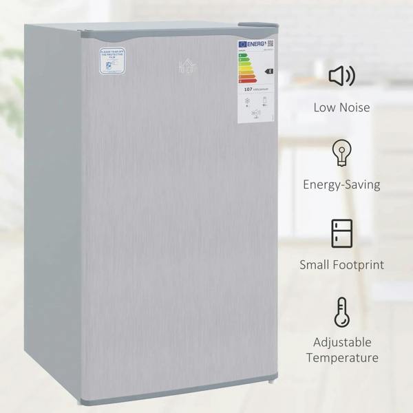 Grey under-counter fridge freezer front view with energy label and adjustable temperature
