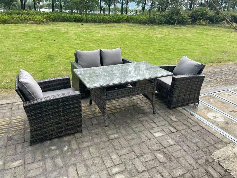 Fimous 4 Seater Outdoor Dark Grey Mixed High Back Rattan Sofa Dining Table Set Garden Furniture With Arm Chairs