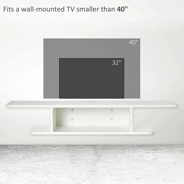 White floating TV console designed for wall-mount TVs up to 40 inches