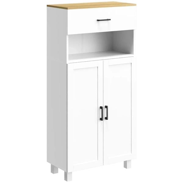 White freestanding sideboard cabinet with open shelf, two doors, and black bar handles