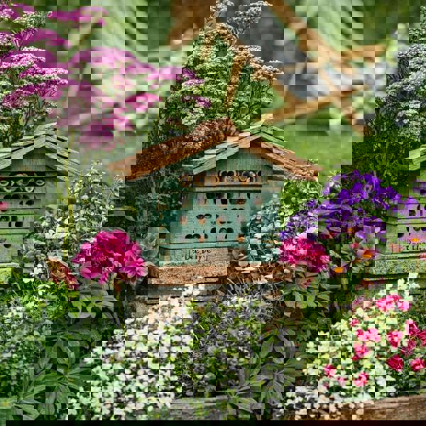 Wooden Bee House Insect Habitat with Multi-Hole Nesting Blocks