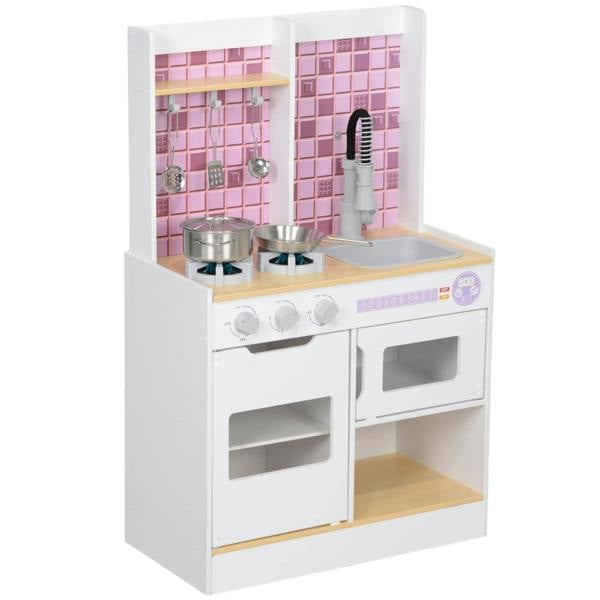 White kids play kitchen toy with stove burners, sink, and oven door