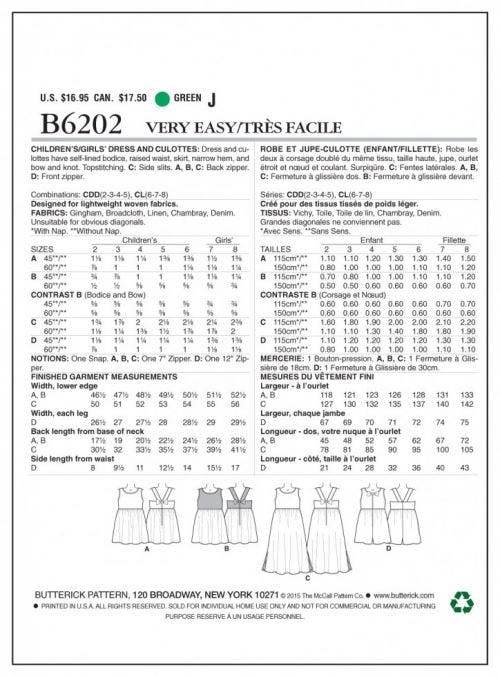 Butterick Sewing Pattern 6202, Dresses, Shorts for Kids, 2-3-4-5 - Easy