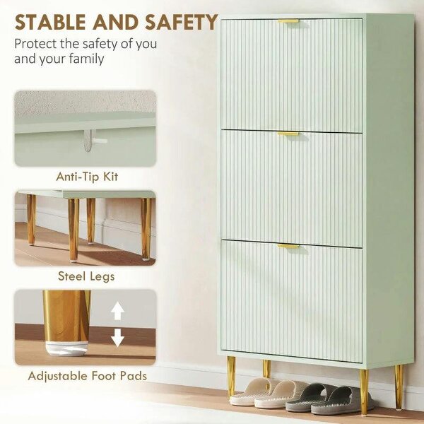 Elegant Three-Drawer Shoe Cabinet - Light Green