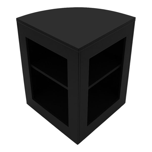 Black Aries LED shop counter set featuring a sleek corner design with two open shelves for storage and display