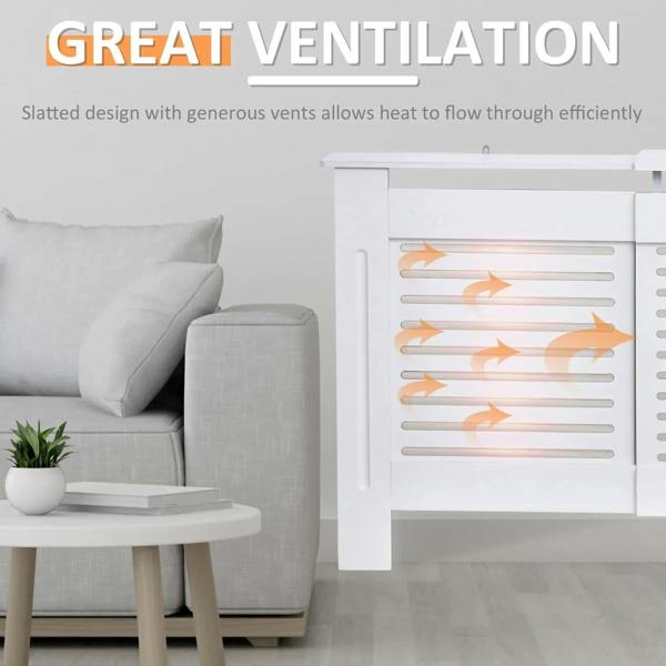 White radiator cover cabinet with horizontal slatted vents for heat flow, front corner view