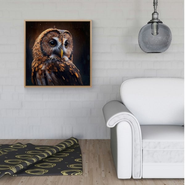 Warren Reed Tawny Owl Face Splash Art Dark Background Framed Canvas