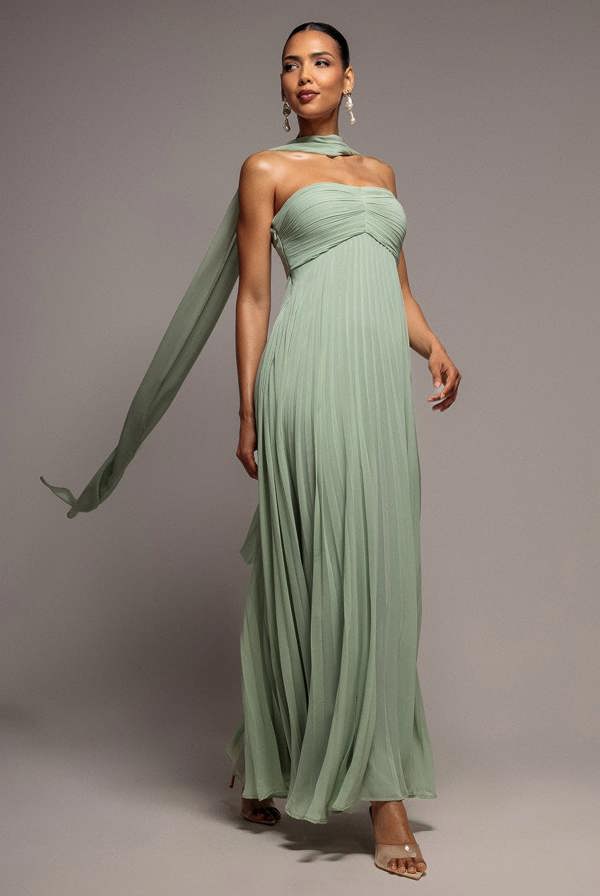 Sleeveless Pleated Chiffon Multiway Scarf Maxi Dress - Sage Green DR4829