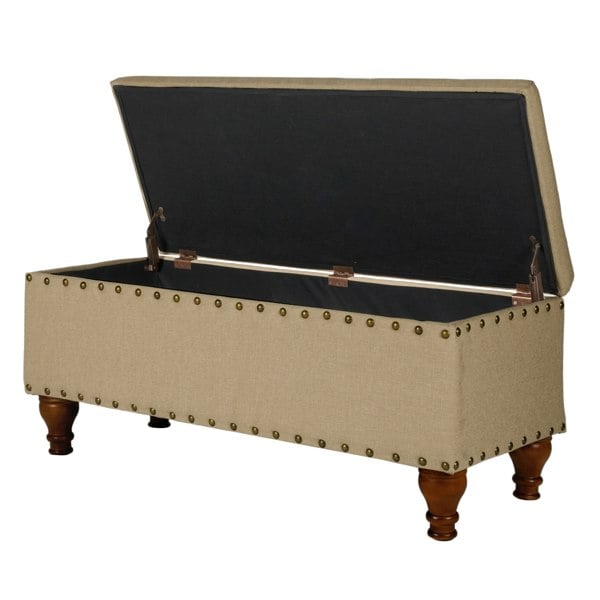 Luxury Living Chelsea Storage Ottoman Bench - Tan/Brass Upholstered with flip lid