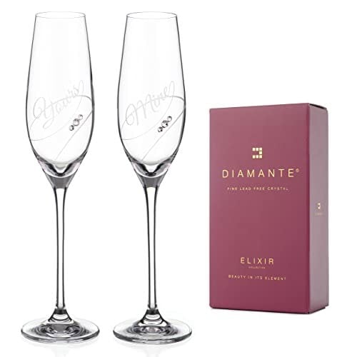 Diamante Crystal Flutes Glasses - Yours & Mine - Set of 2