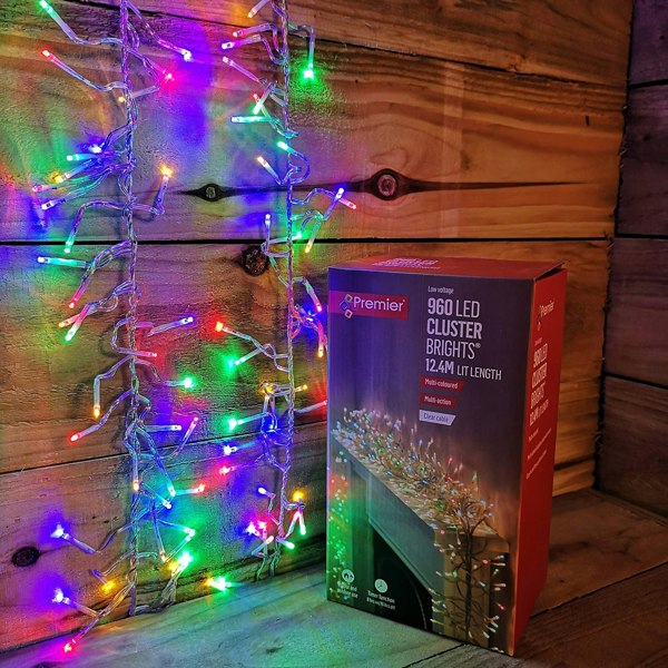 Samuel Alexander 960 LED 12m Premier Cluster Indoor Outdoor Multi Function Mains Operated Christmas Lights with Timer on Clear Cable in Multicoloured
