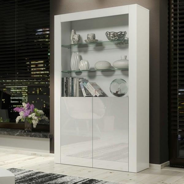 Mex Furniture Tall Display Cabinet 170cm White Matt Body and White Gloss Doors – Modern Open Shelving Unit