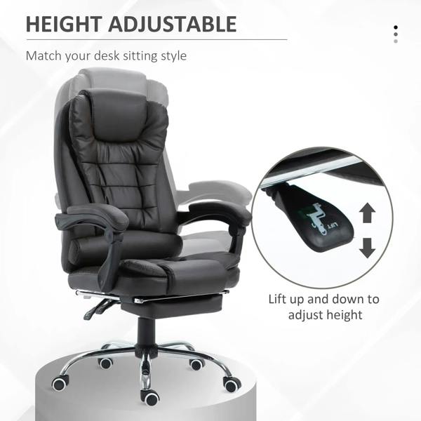 Height-adjustable office chair with padded headrest, dark PU leather, and swivel base