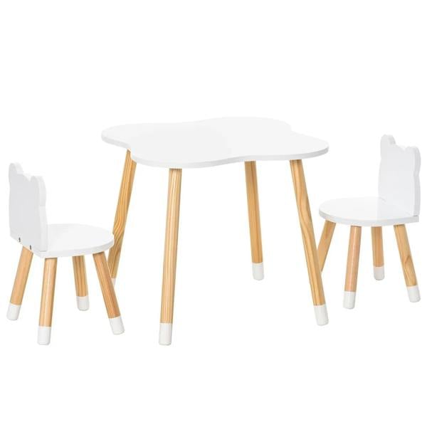 Kids table set with white bear-shaped chairs, white tabletop, and light wood legs