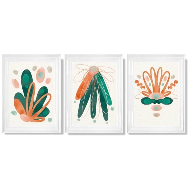 Abstract Green Orange Floral Set of 3 Framed Art Prints with Glossy White Frames