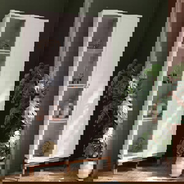 Furniture To Go Wensley Display Cabinet with 1 Door and  1 Glass Door in Light Grey and Oak