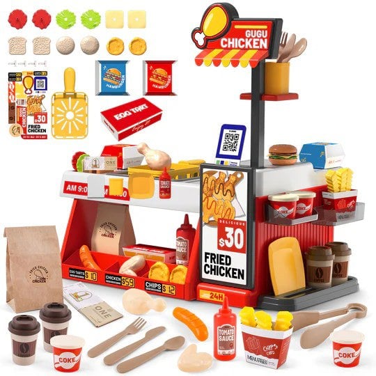 deAO Toys Mini Kitchen Playset Fried Chicken Shop Toy with Color-Changing Food, Burgers, Fries,Cash Register