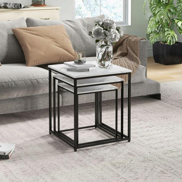 Square nested side table with white marble-effect top and black metal frame