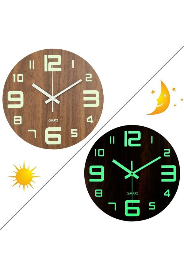 Living and Home 12-Inch Modern Luminous Wood Silent Wall Clock
