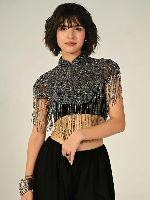 Rose & Nancy Bonnie Hand Embellished Black Silver Fringe Cape Top
