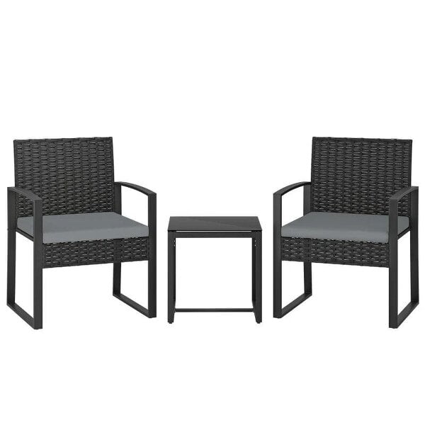 Rattan Bistro Set, 3 Piece Garden Furniture Set with Glass Top Table and Cushions, Light Grey