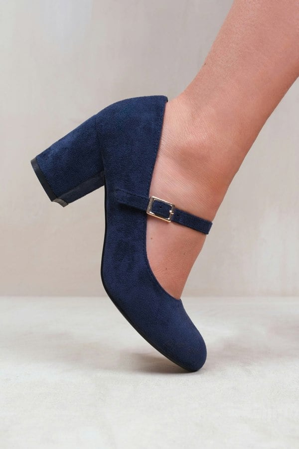 Where's That From Araceli Wide Fit Block Heel Mary Jane Pumps in Navy Suede