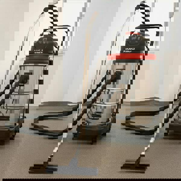 80L wet and dry vacuum with a stainless steel body, 5m hose, and sturdy wheels, ideal for versatile cleaning tasks in various environments