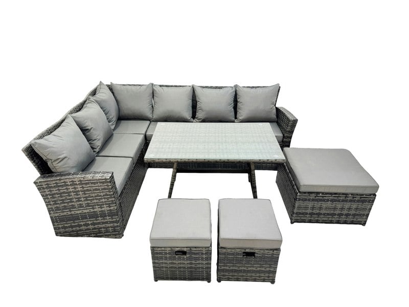 Fimous 9 Seater High Back Rattan Garden Furniture Set Corner Sofa With Oblong Dining Table 3 Footstool