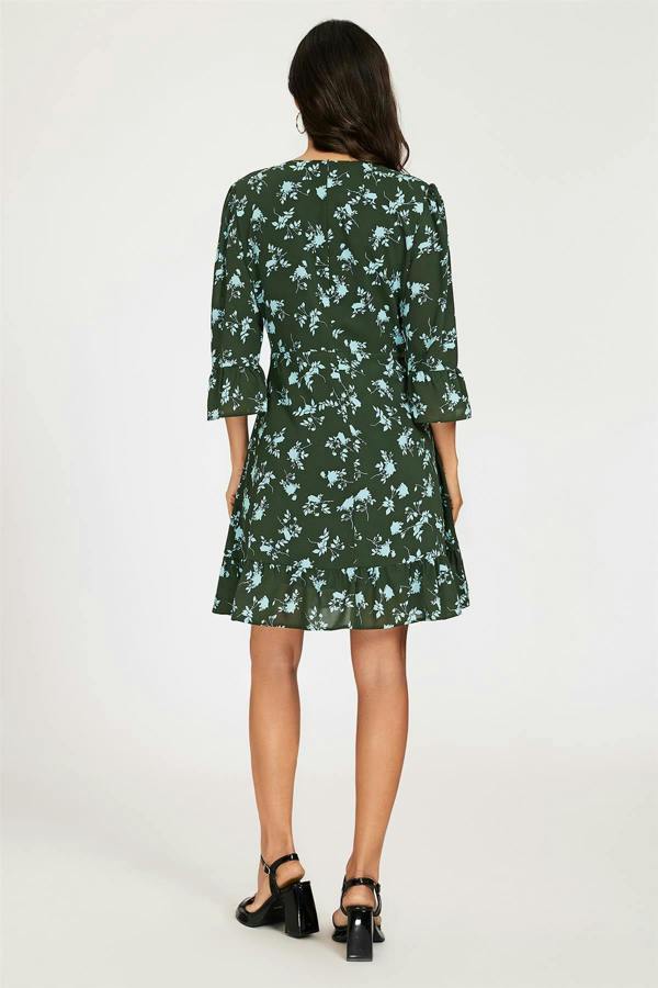 FS Collection Floral Print Frill Detail Mini Dress In Green