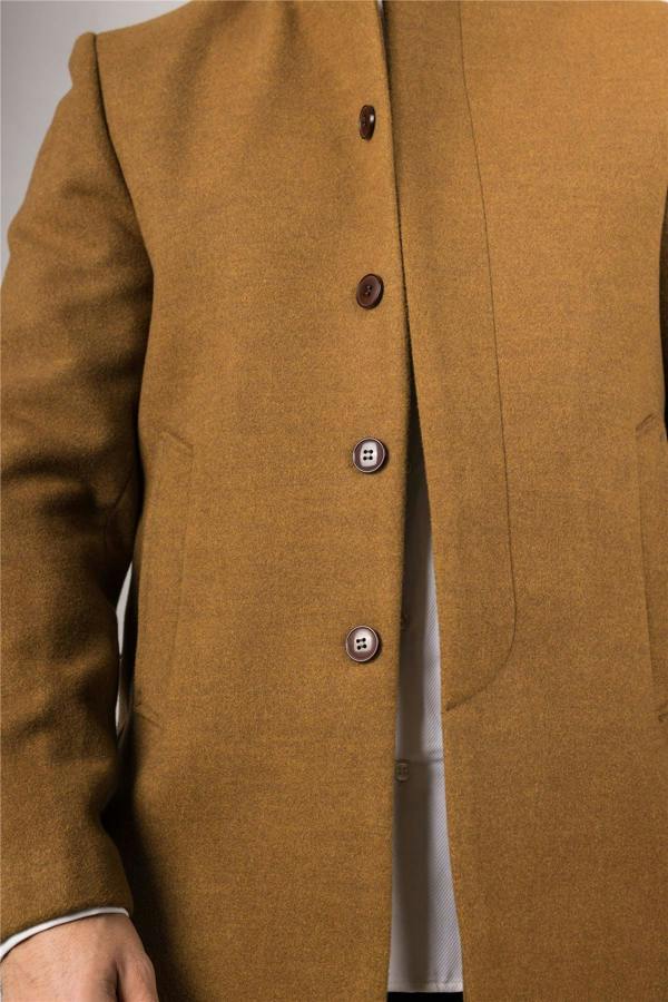 Infinity Leather Men's Tan Stand Collar Wool Blend Overcoat