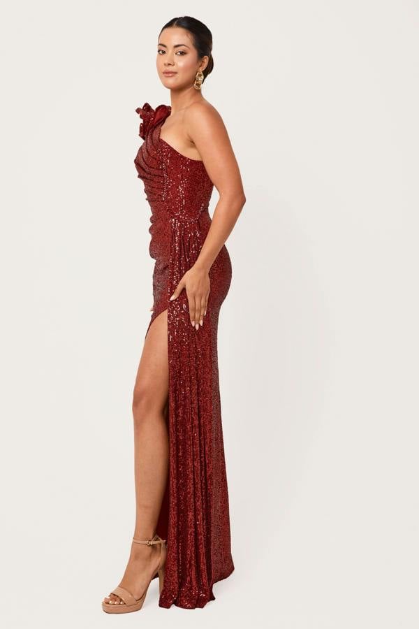 LuvForever Nyla - Wine One Shoulder Sequin Maxi Dress