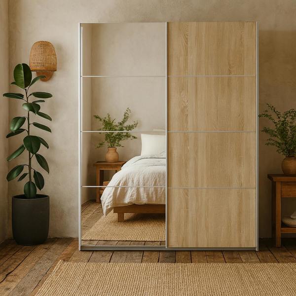 Wyld Haus Bordeaux Mirror and Natural Double Sliding Door Wardrobe 180cm 5 Shelves