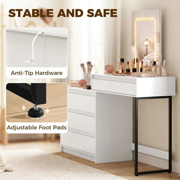 Vanity Makeup Desk LED Mirror Dressing Table Large Storage 5 Drawers White