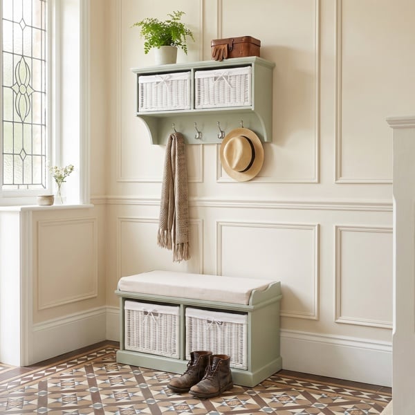 Statement Furniture Tetbury Small Hallway Set with Storage Baskets and Cushion Seat - Sage Green, Green