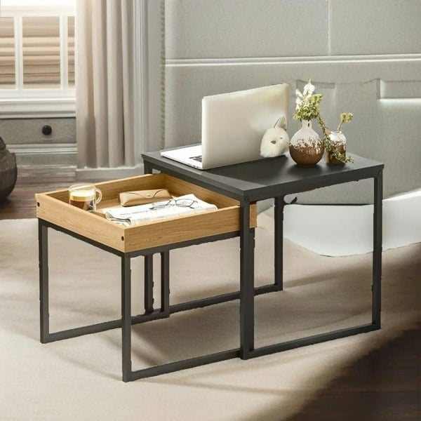 Rafaelo Mobilia 2PC Industrial Square Nesting Coffee Tables Brown Black