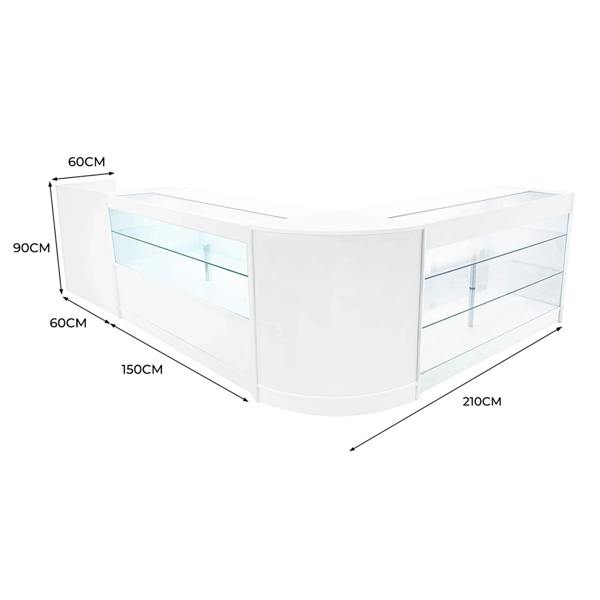 Vega LED Shop Counter Set in white features a sleek, modern design with glass display shelves and curved edges, measuring 210cm x 90cm x 60cm
