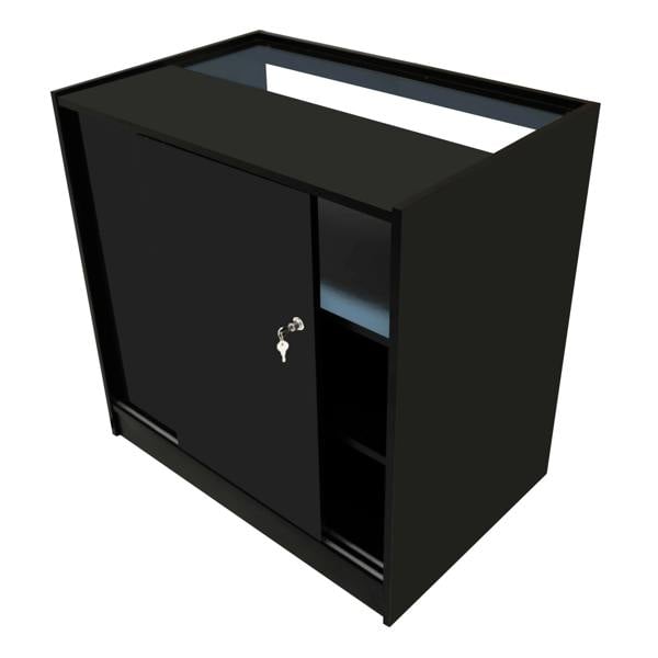 Sleek black Adonis LED shop counter set featuring a secure sliding door, open shelving, and a modern design for retail spaces