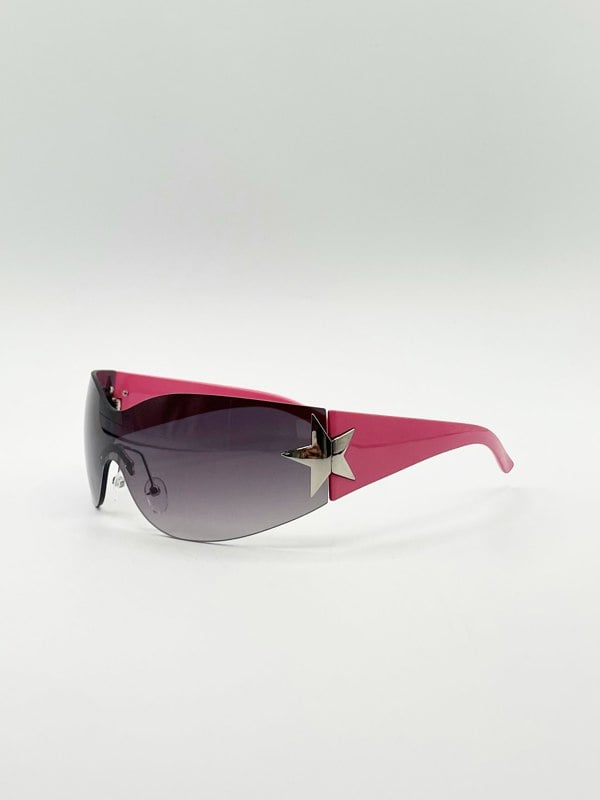 SVNX Wrap Around Racer Sunglasses with Star Hinge Detail in Pink
