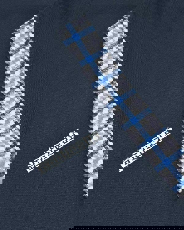 Lambretta Mens Classic Dress Gingham Mod Retro Ska Casual Polo, close-up of navy polo shirt with checkered gingham stripe detail and Lambretta logo.