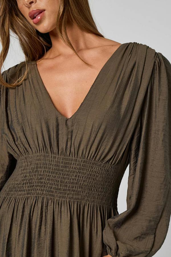Urban Bliss Khaki Sleeved Elasticated Waist Maxi Dress