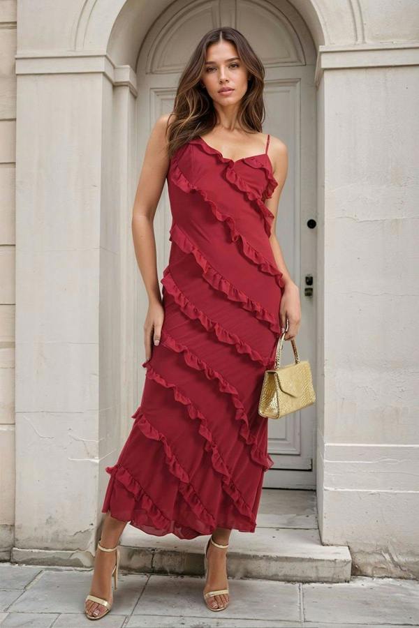 Gracie V-neck Tiered Ruffle Backless Maxi Dress - Cherry Red