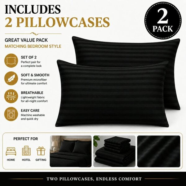 Night Zone Microfibre Stripe Pillowcase Set of 2 – Soft Hotel Style Bed Linen - Black