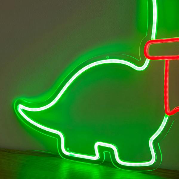 Samuel Alexander 43cm Light up Green & Red Neon Dinosaur Christmas Light with Scarf & Stand